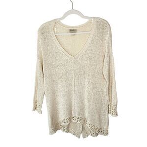 Lucky Brand Macrame Crochet Knit V Neck Sweater Medium